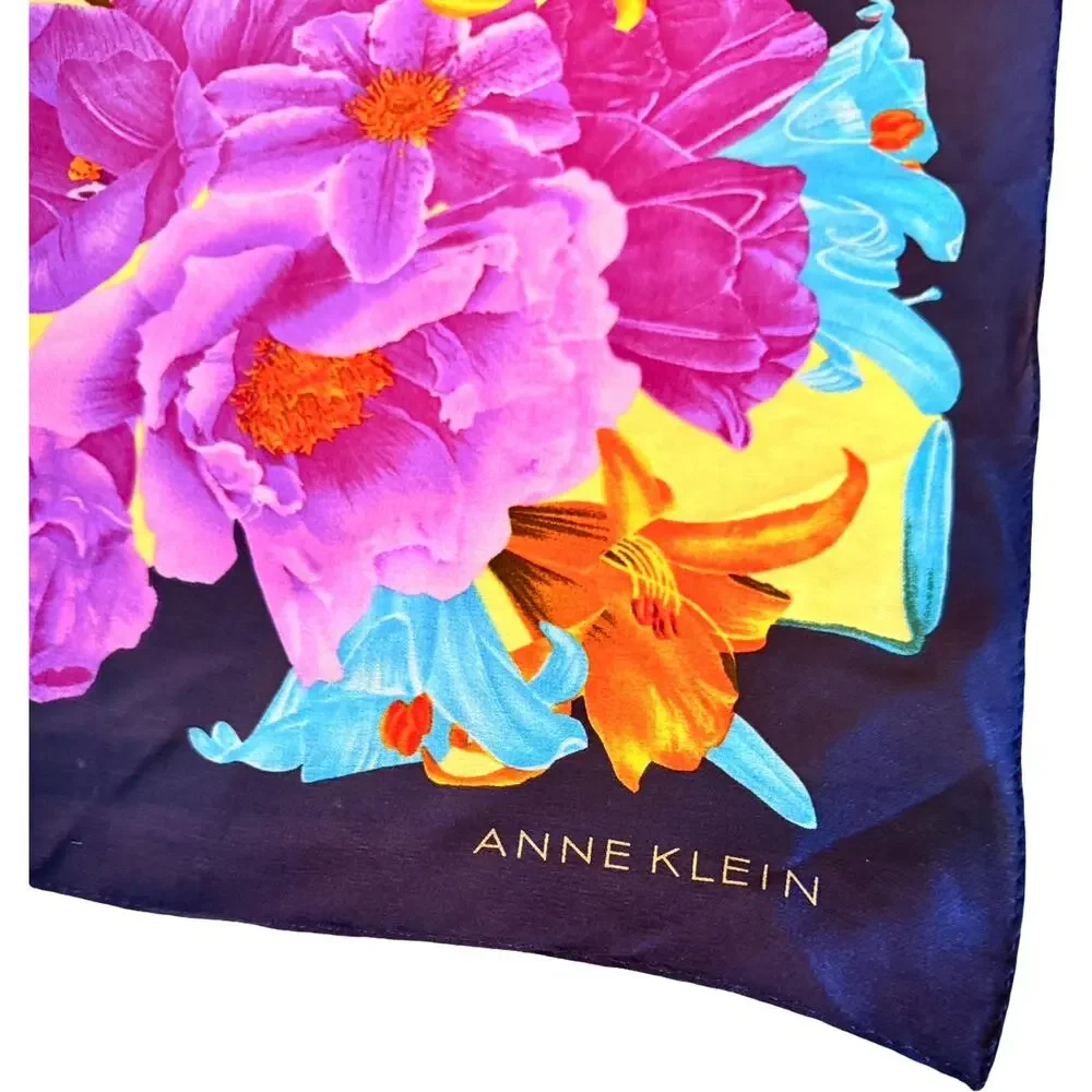 Vintage Anne Klein Silk Floral Scarf NWT 1990s Purple Gold Navy Square 34x34